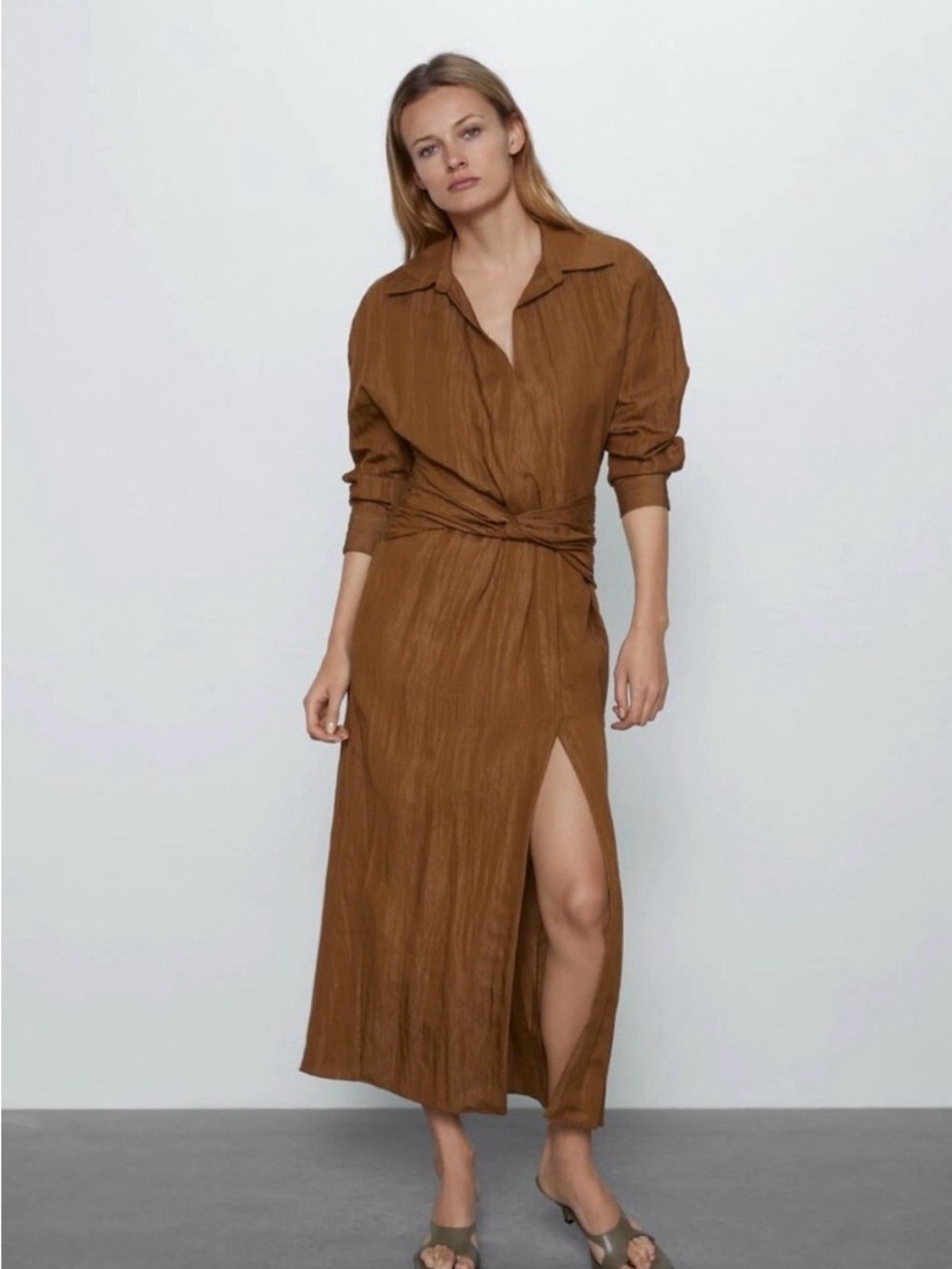Zara Brown Wrap-Front Long Sleeve Midi Dress with Side Slit
